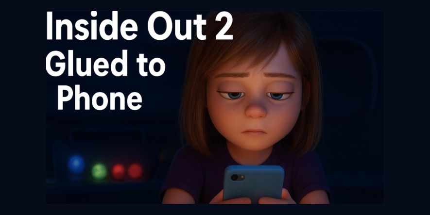 inside out 2 glued to phone scene showing Ennui distracted by her smartphone