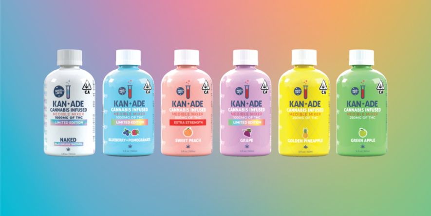 kan+de thc-infused cannabis mixer bottle with fruity flavor on a table